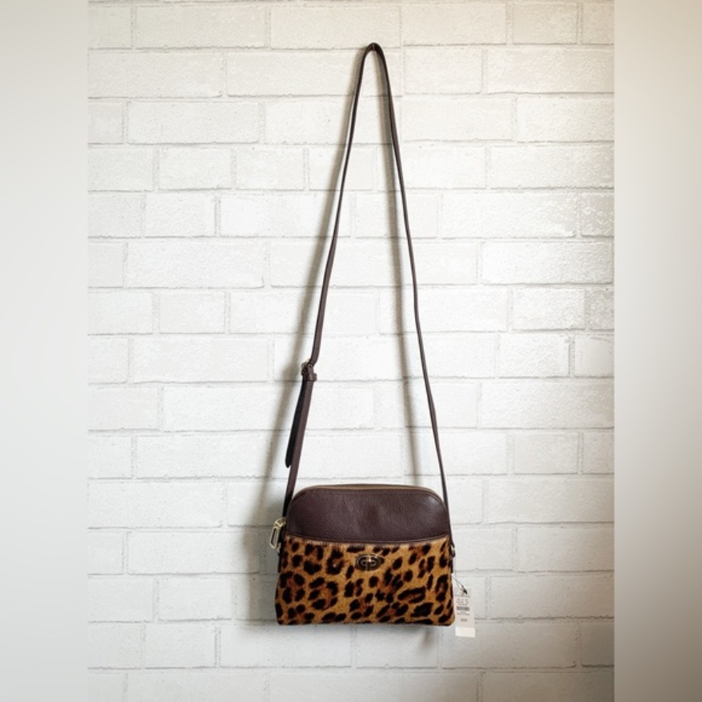 Talbots 100% Genuine Leather Crossbody Bag Chocolate Brown & Leopard Calf Hair